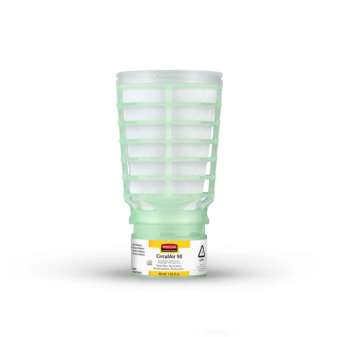 Rubbermaid Commercial Products® CirculAir 90™ 极地暮霭香氛补充装，旨在提供可靠的空气净化性能，并经认证可回收利用。该补充装采用单一材料制成，可直接放入回收系统，无需拆卸。