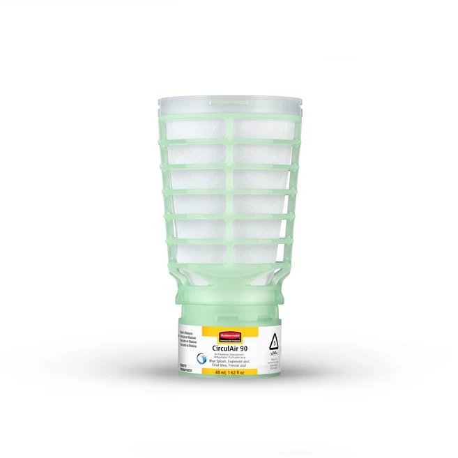 Rubbermaid Commercial Products® CirculAir 90™ 蓝色狂想香氛补充装，旨在提供可靠的空气净化性能，并经认证可回收利用。该补充装采用单一材料制成，可直接放入回收系统，无需拆卸。
