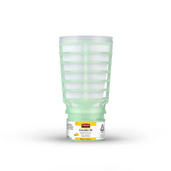 Rubbermaid Commercial Products® CirculAir 90™ 浓郁橘香香型补充装，旨在提供可靠的空气净化性能，并经认证可回收利用。该补充装采用单一材料制成，可直接放入回收系统，无需拆卸。