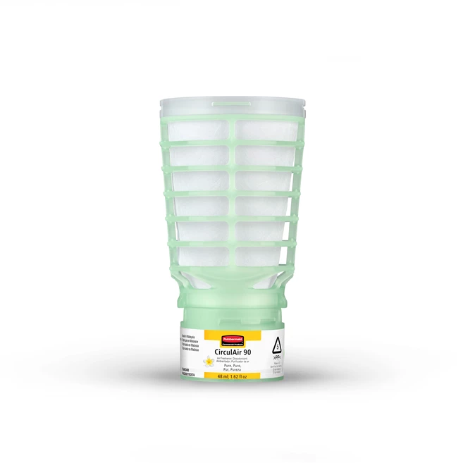 Rubbermaid Commercial Products® CirculAir 90™ 天然纯净 香氛补充装，旨在提供可靠的空气净化性能，并经认证可回收利用。该补充装采用单一材料制成，可直接放入回收系统，无需拆卸。